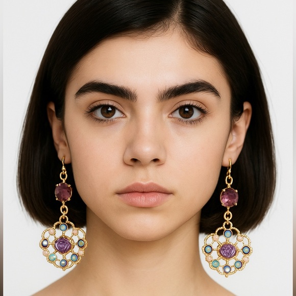 Betsy Johnson Purple Flower Crystal Drop Earrings - Picture 3 of 14